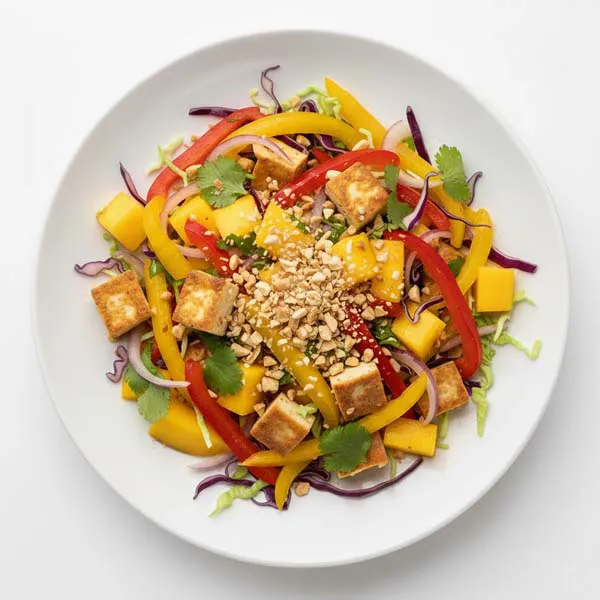 Tangy Mango And Bell Pepper Tofu Salad With Crushed Peanuts